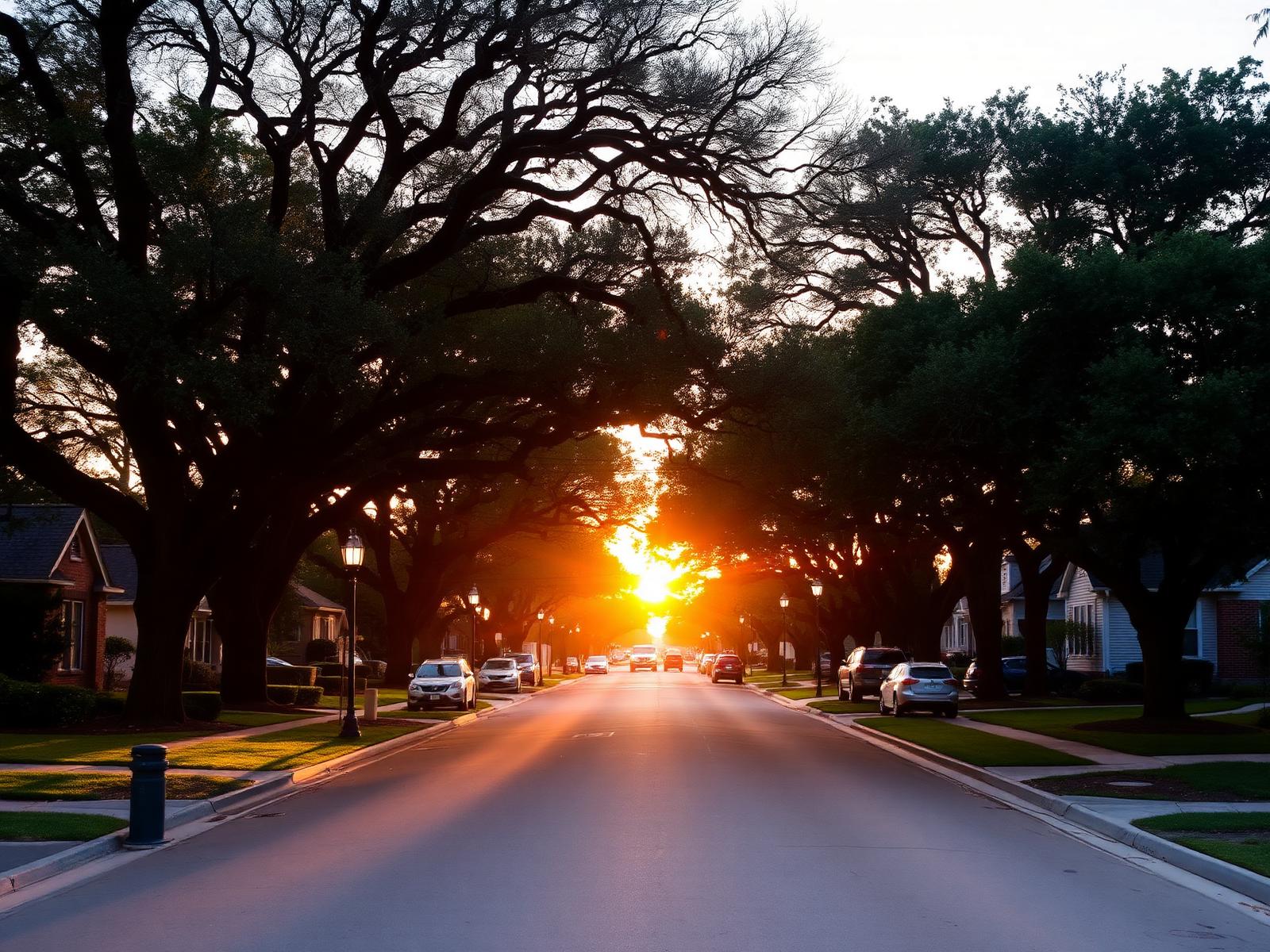 Tree-lined Bellaire neighborhood street in Houston at sunset