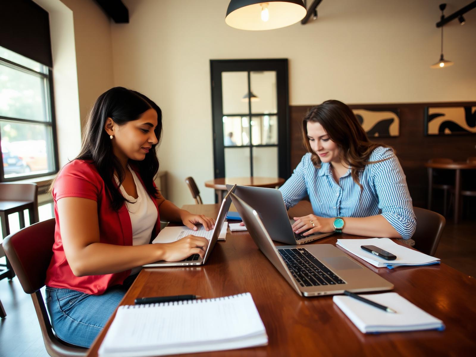 Two professionals collaborating at a Houston coffee shop